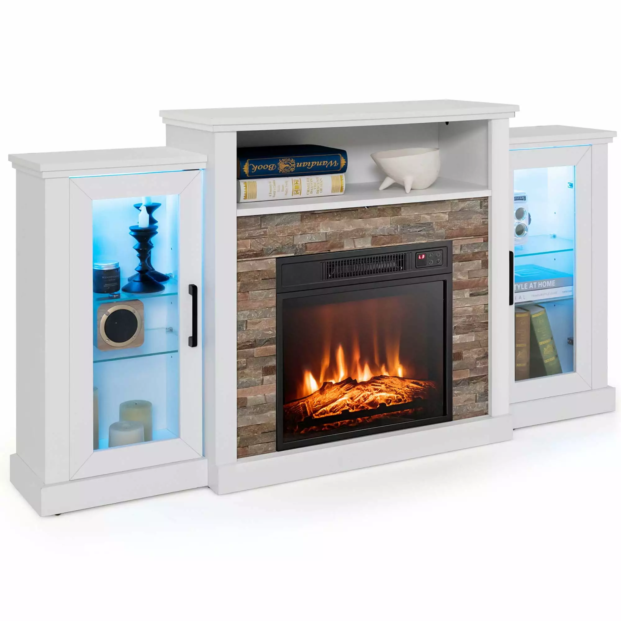 Costway Fireplace TV Stand with Led Lights 18'' Electric Fireplace For 65 Wall-Mounted TV White