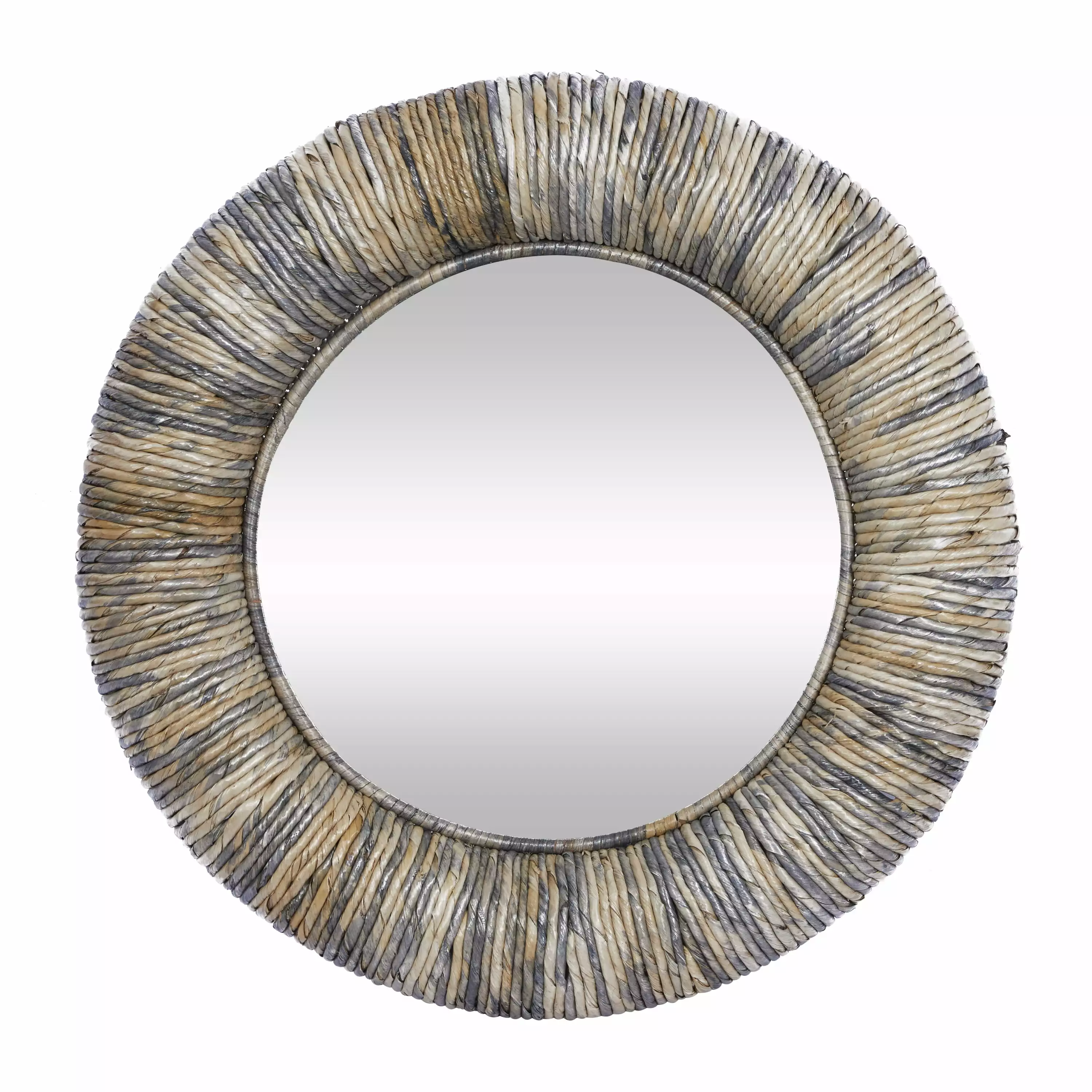 DecMode Coastal Round Dried Rope Design Wood Wall Mirror. 35W x 35H with Gray/Cream Textured Finish