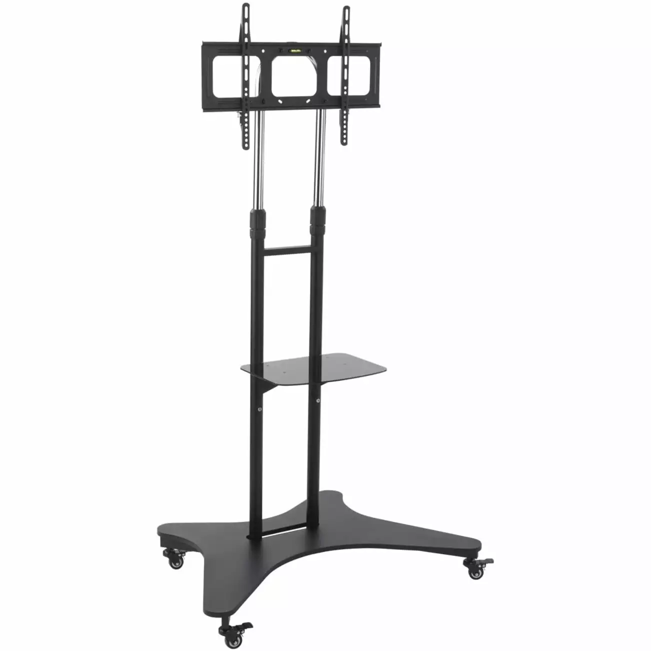 Displays2go Rolling TV Cart with Shelf. Steel and Aluminum Construction. Height Adjustable ?C Black (TVSVM31NS)