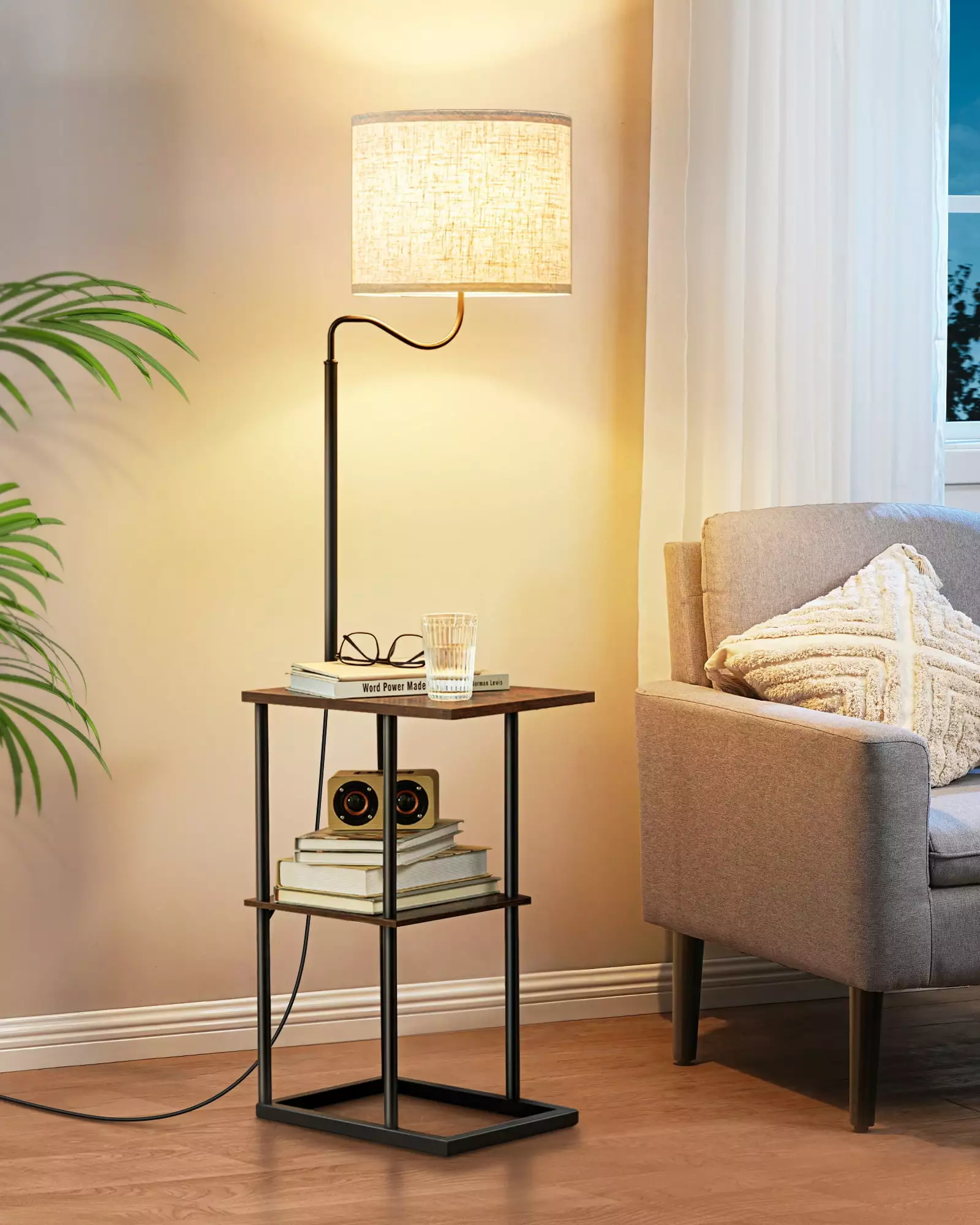 EDISHINE Floor Lamp with Table for Living Room. Rustic Farmhouse Floor Lamp with End Table for Bedroom. Office