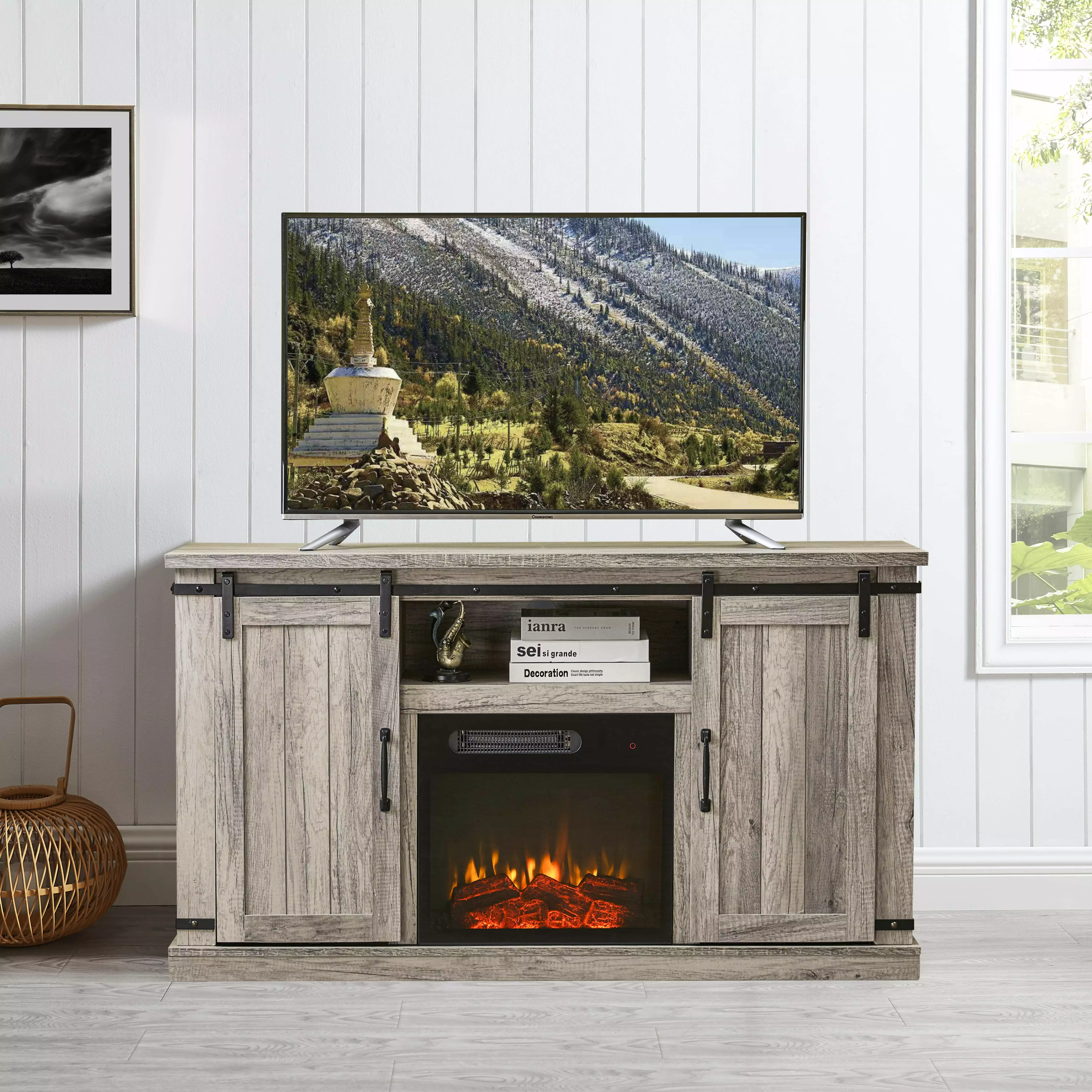 FESTIVO 54 in. Antique Gray Oak Sliding Doors TV Stand for TVs up to 60 in. with Electric Fireplace