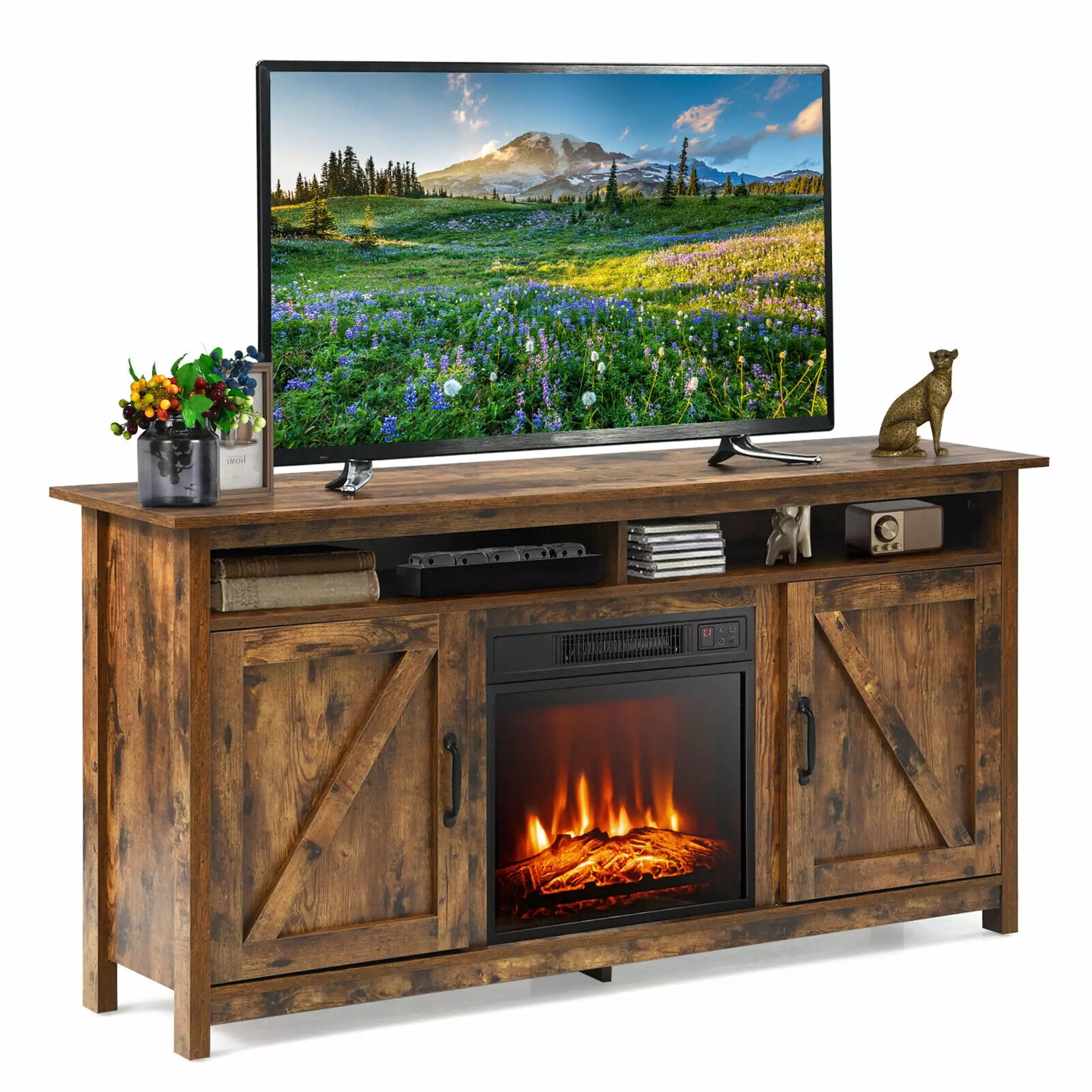 Gymax 60'' Industrial Fireplace TV Stand W/ 18'' 1400W Electric Fireplace