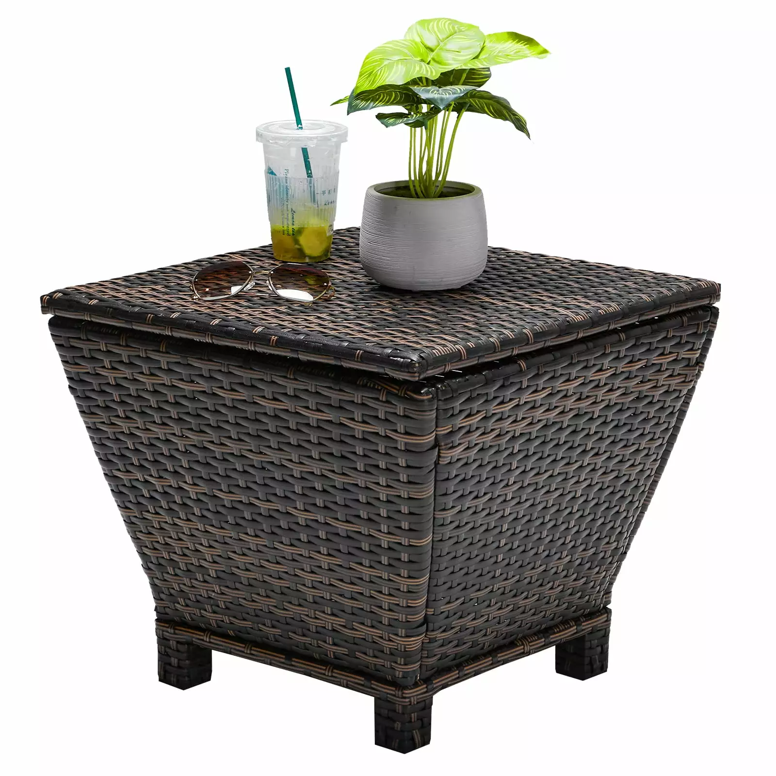 IVV Outdoor Small Deck Rattan Storage Box Outdoor with Lid. 13 Gallon Small Outdoor Bin Storage Container for Hose Cushion Towel. Patio Brown Side Wicker Table with Storage