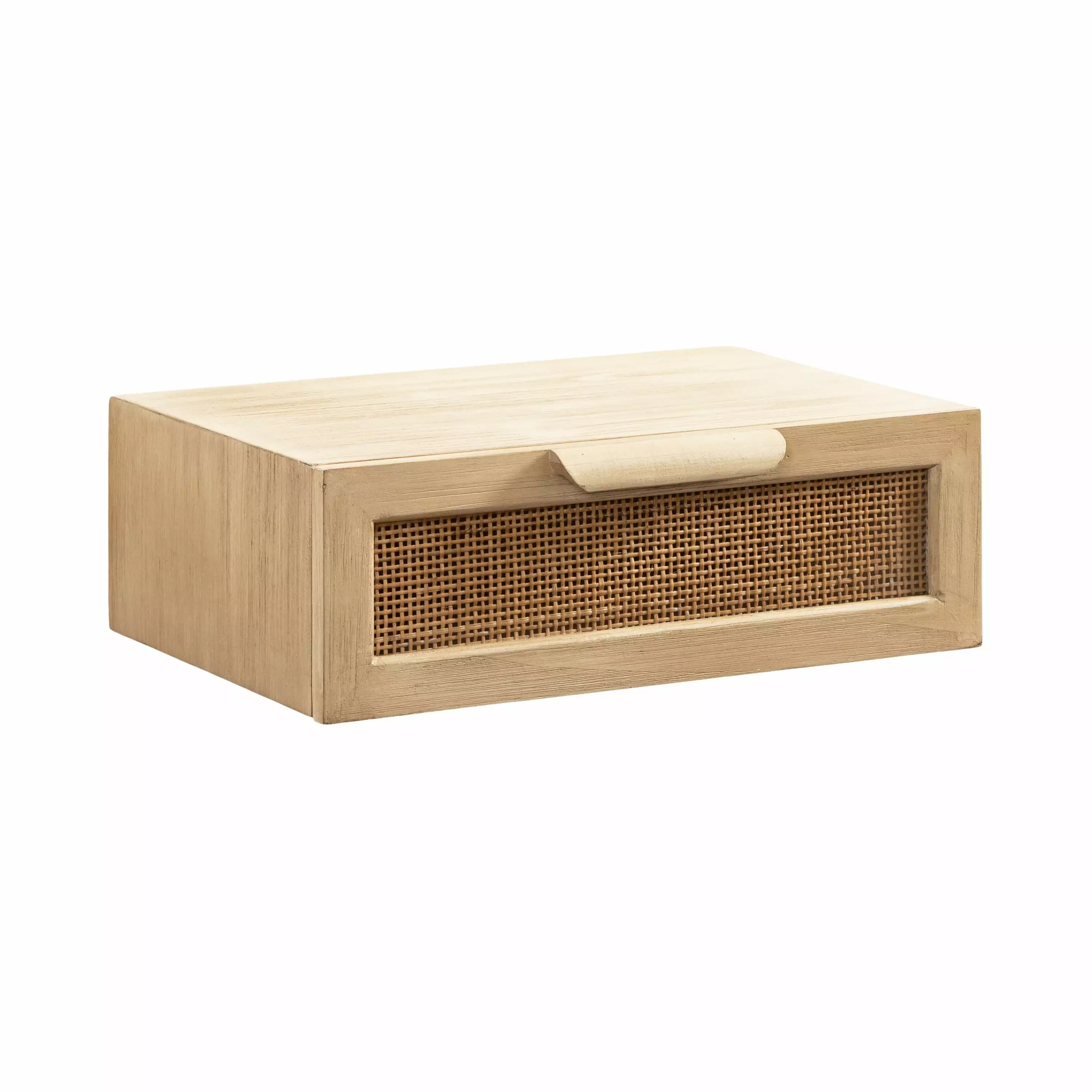 Kate and Laurel Ori Transitional Cane Floating Side Table. 18 x 13 x 6. Natural Wood. Mounted Rattan Wall Shelf with Drawer for Storage