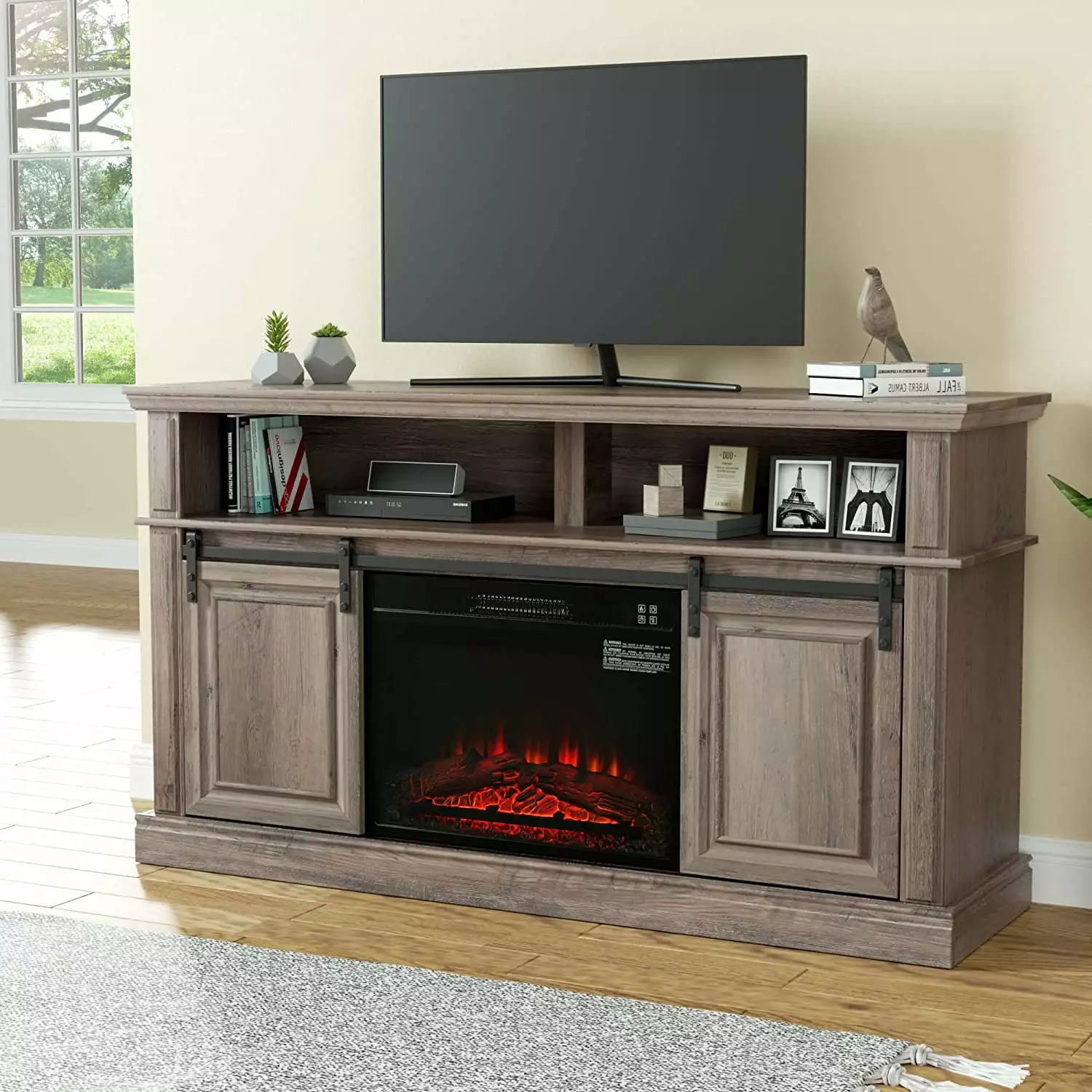 LGHM 58 TV Stand with 23 Electric Fireplace. Fireplace Entertainment Center for TVs up to 65. Gray