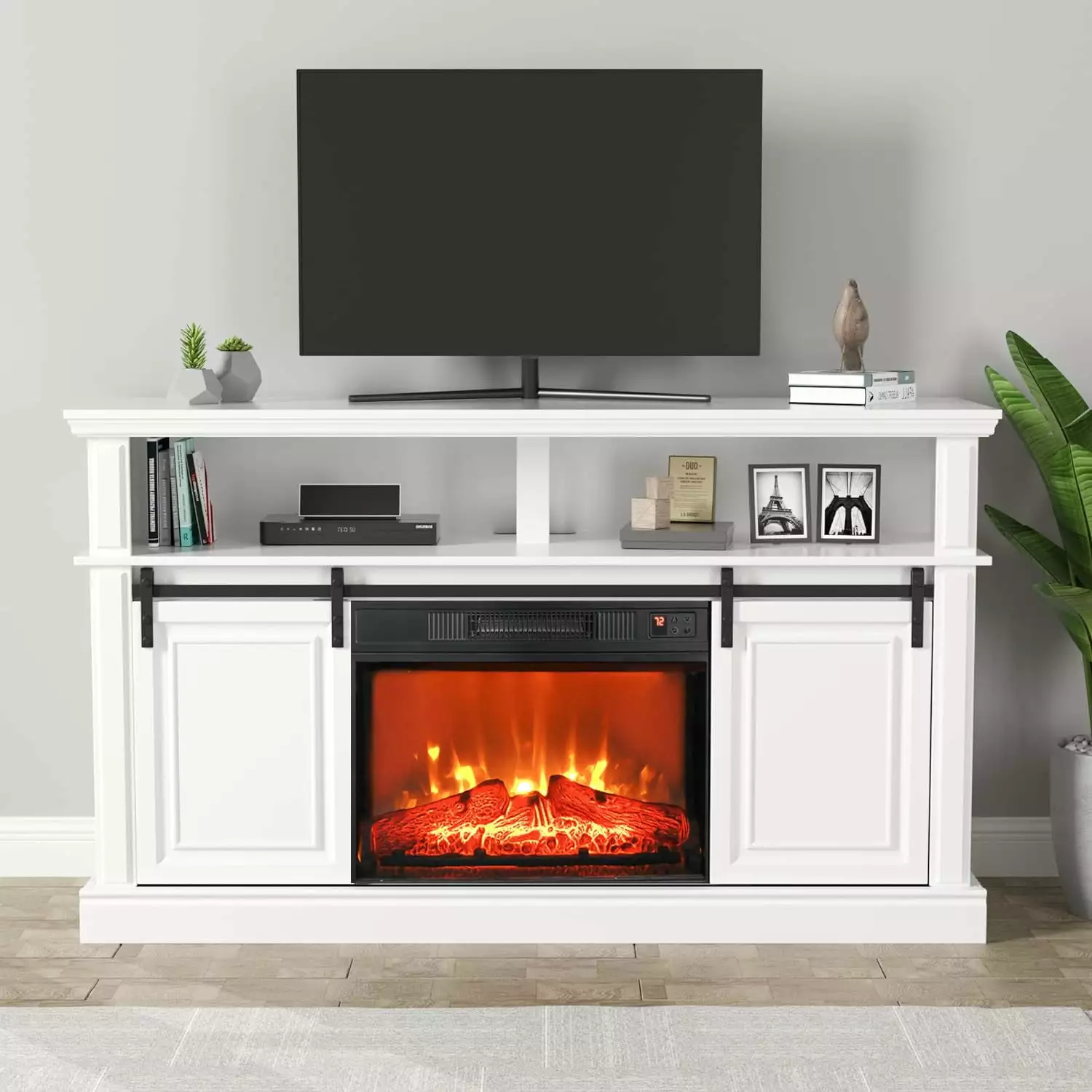 LGHM Fireplace TV Stand. Modern Farmhouse Wood Entertainment Center for 65 TV