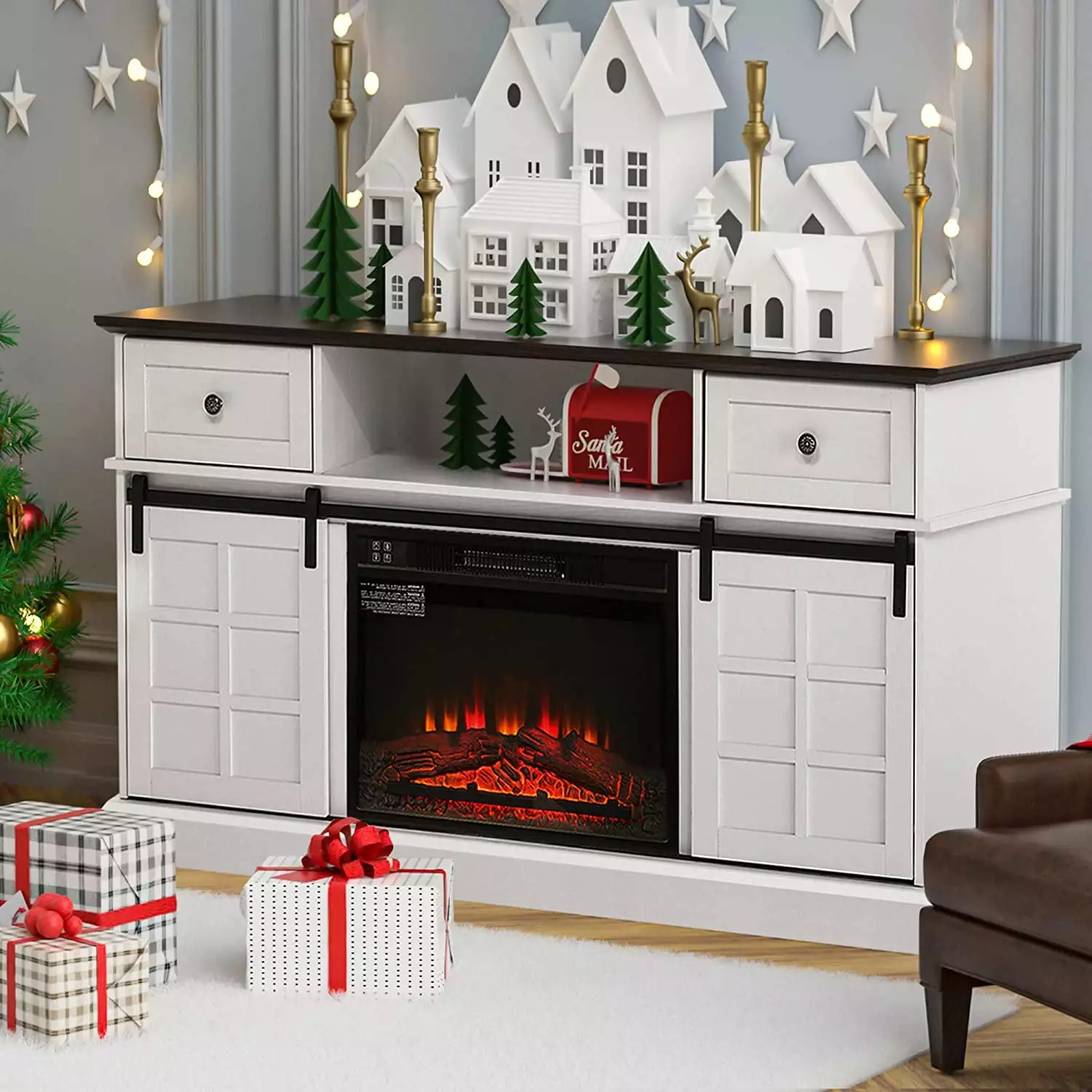 LGHM Fireplace TV Stand for 65 TV with 23 Electric Fireplace. Wood Farmhouse Entertainment Center. White