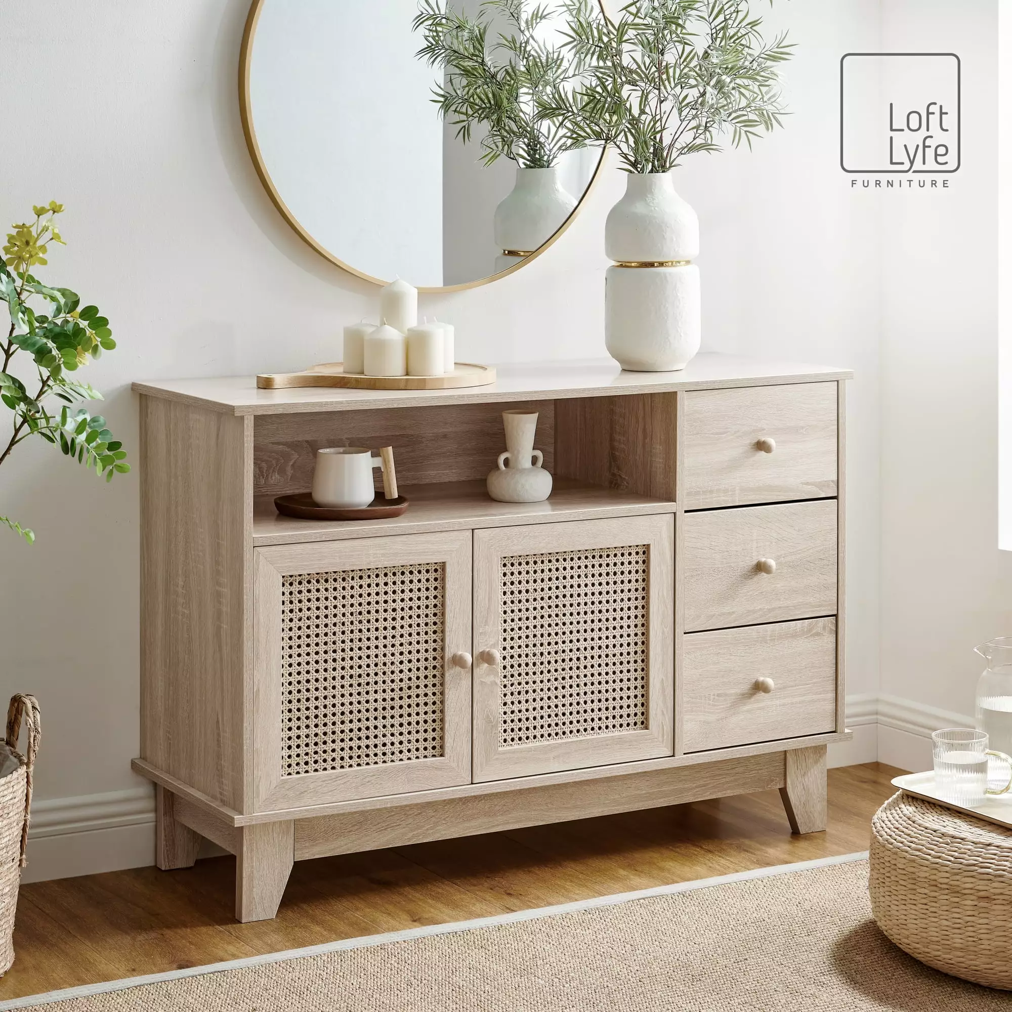 Loft Lyfe Joella Natural Rattan 3-Door Sideboard with Shelves