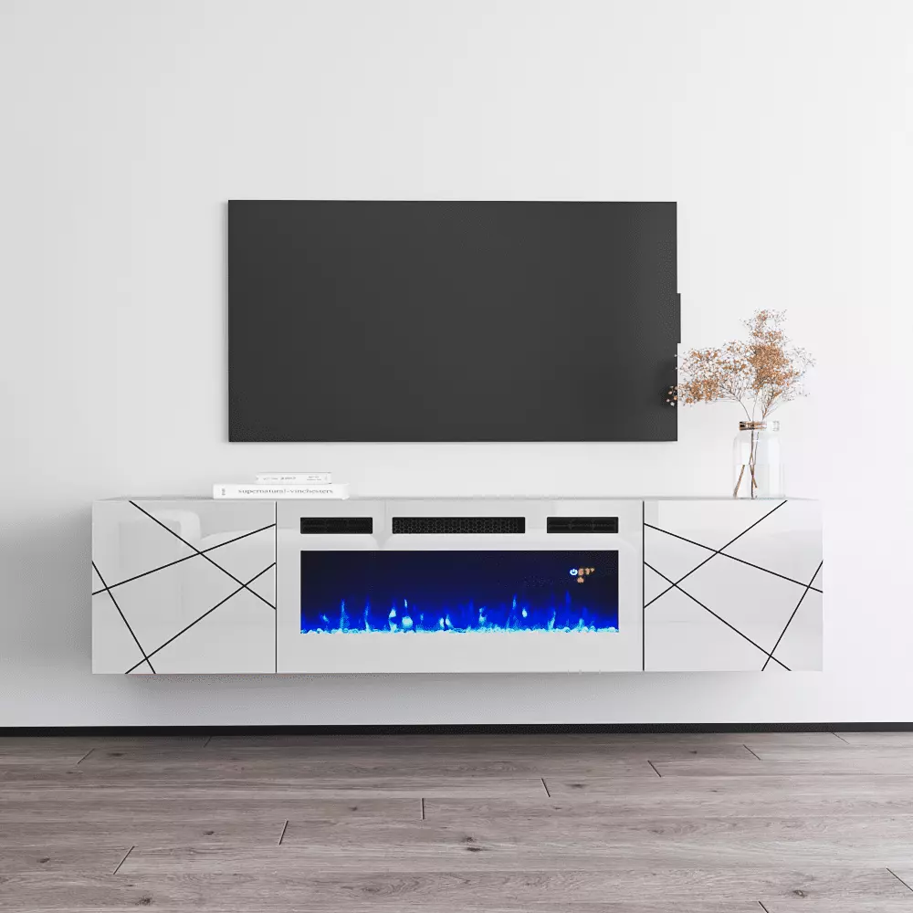 London WH-EF Fireplace TV Stand for TVs up to 70. Modern High Gloss 63 Entertainment Center. Electric Fireplace TV Media Console with Storage Cabinets