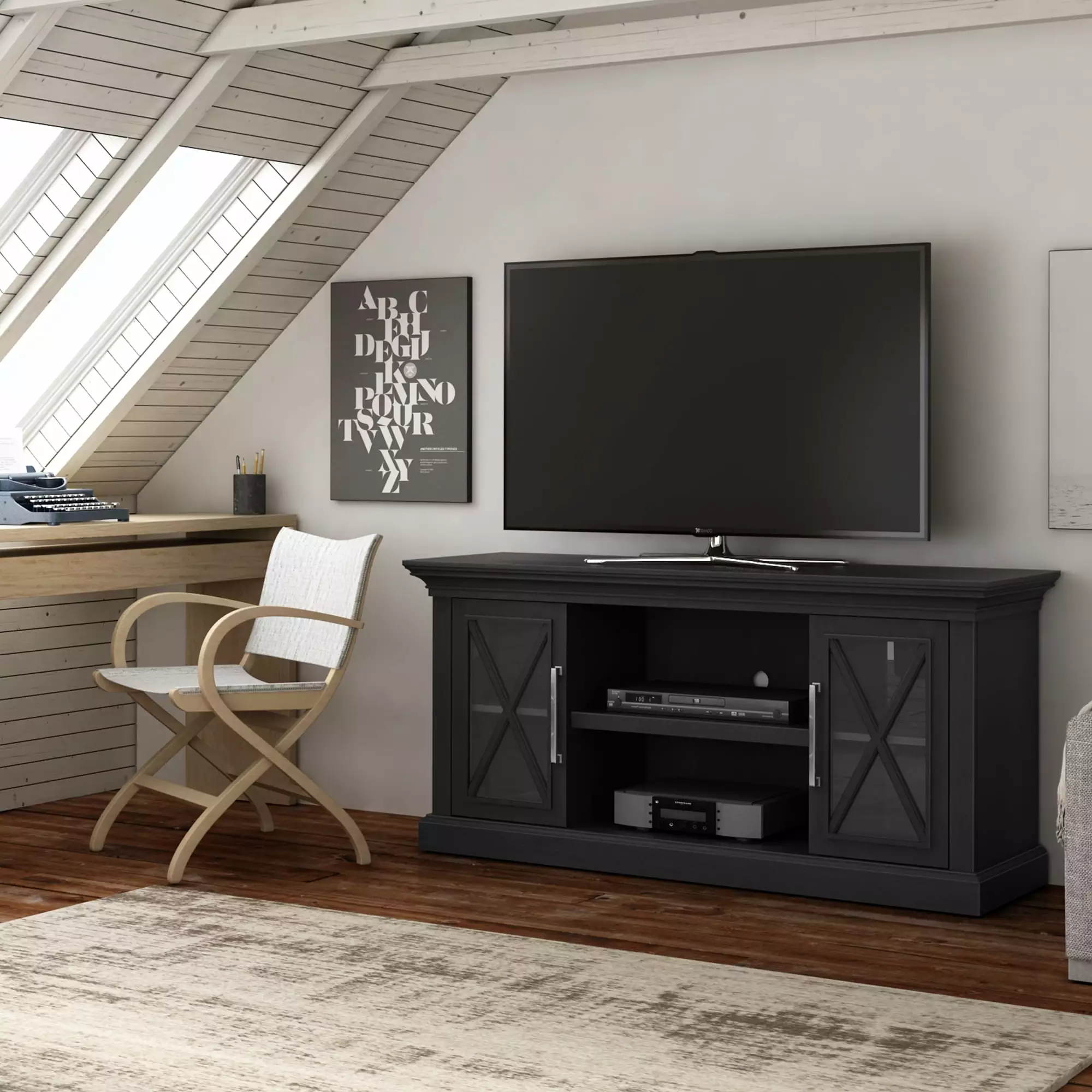 Luxe Society Hill TV Stand for TVs up to 65 inches Screen Size with Two Side Cabinets and Open Center Shelves in York Black