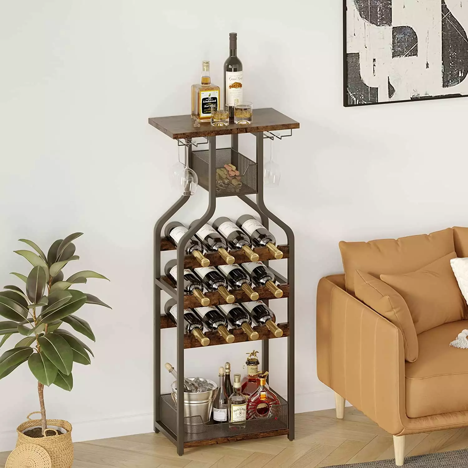 Metal Wine Rack Wine Bottle Holders Stands Freestanding Floor.Wine Storage Organizer Display Rack Table Wine Glass Rack for Bar Kitchen Dining Living Room. Small Spaces.Rustic Brown