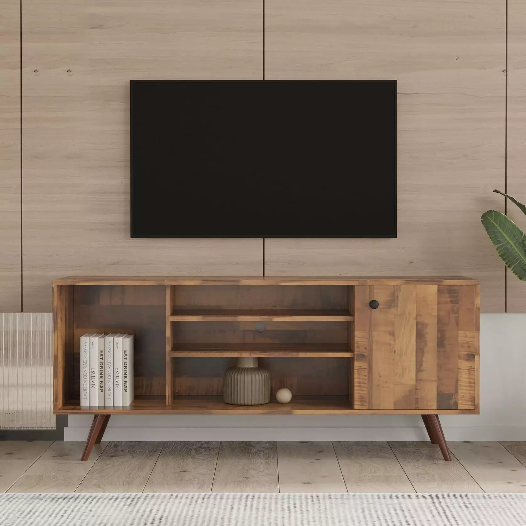 BTMWAY Mid Century TV Stand for TVs up to 55 Inch. Modern TV Console for Living Room. Media Entertainment Center Television Cabinet. 53.15''x14.17''x 26.57''. Oak