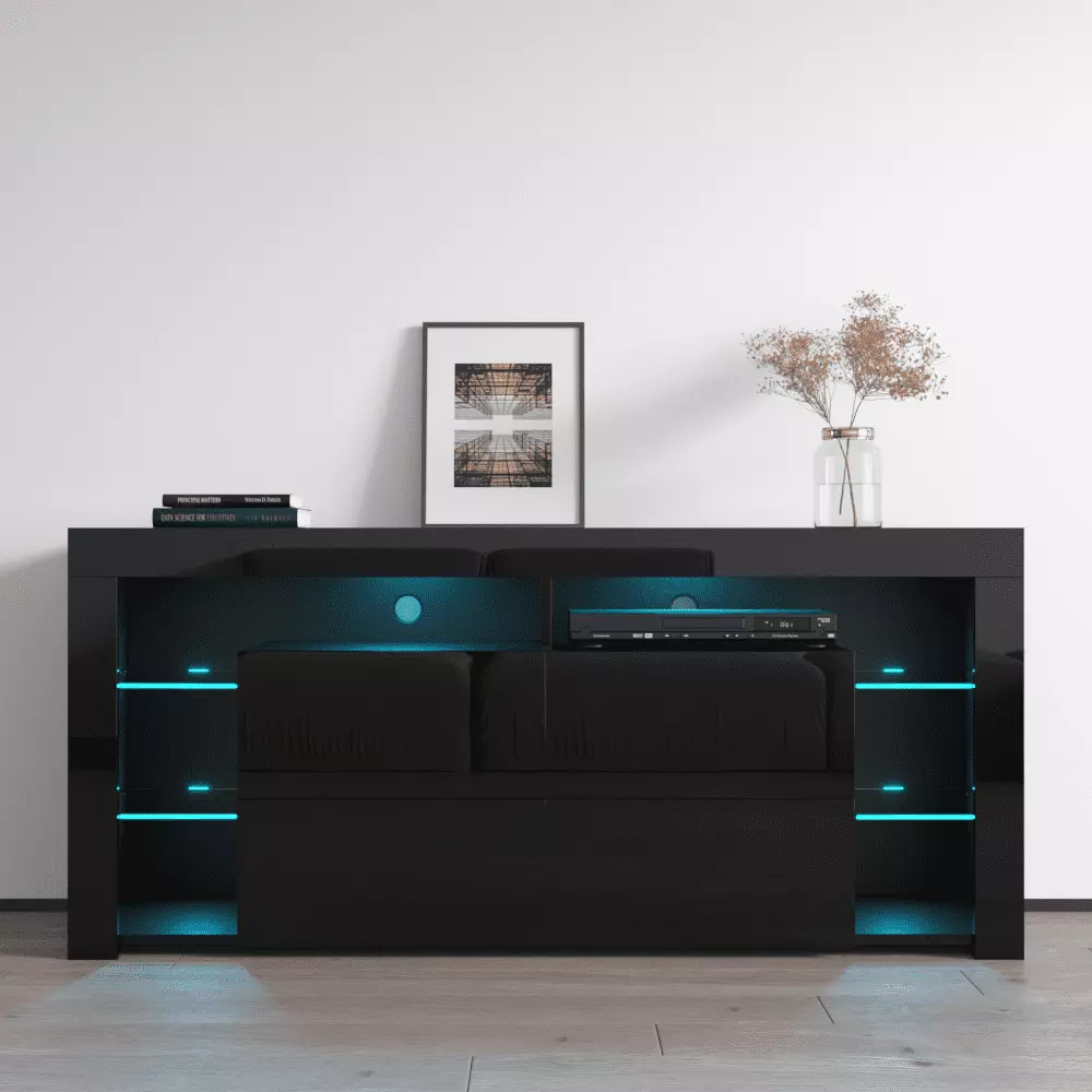 Minelli TV Stand for TVs up to 70. Modern High Gloss 61 Entertainment Center. TV Media Console with Storage Cabinets and LED Lights