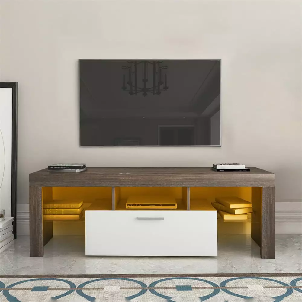 Modern LED TV Stand TV Cabinet Fit Up to 55 inch TV. TV Cabinet with 1 Large Storage Drawer. Floor TV Wall Cabinet Brown + White Modern TV Bracket. 20 Minutes Quick Assembly. Brown+Cottage White