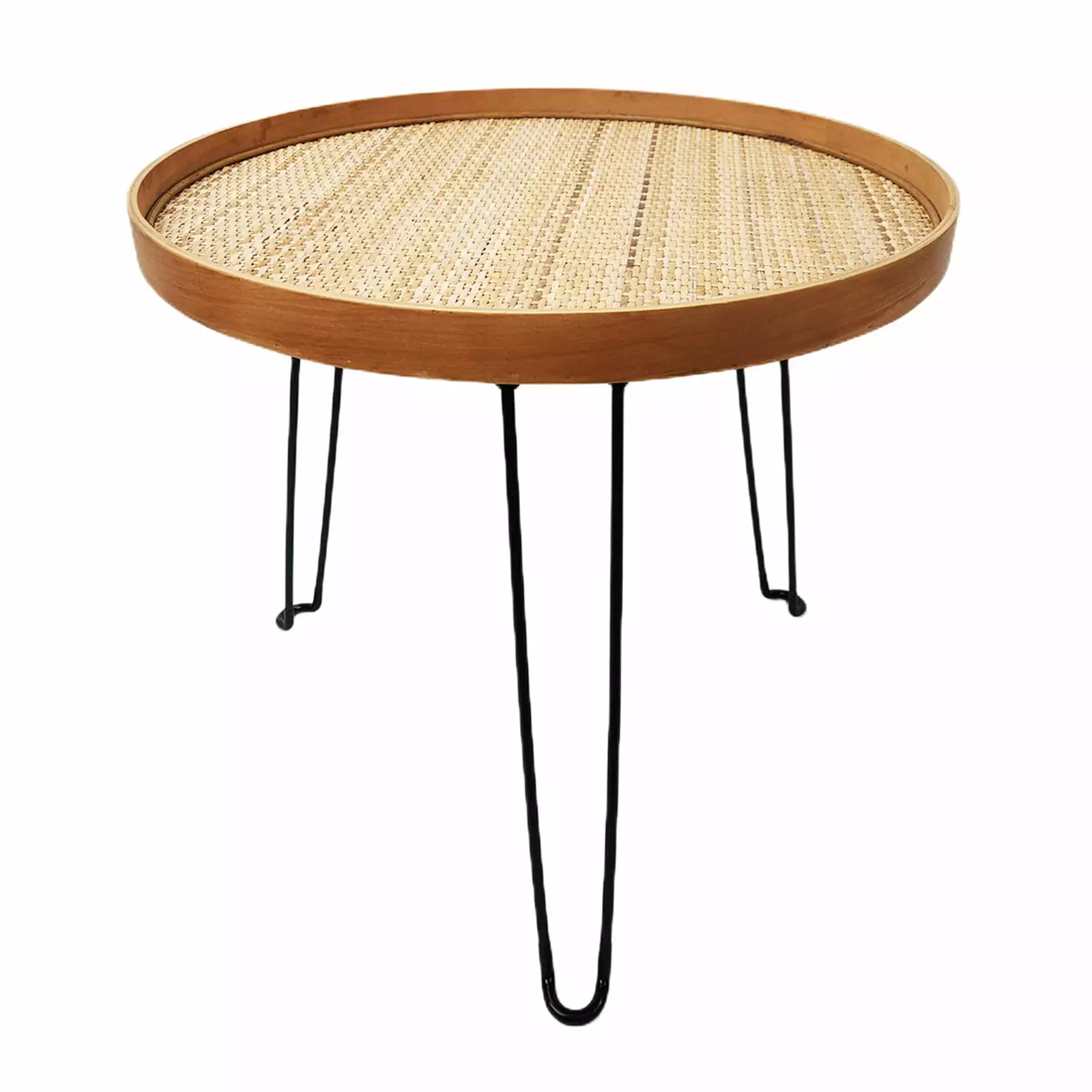 [PJ Collection] Round Wood and Rattan Side Table. Foldable Table with Metal Tripod. Boho Style. Chic Coffee Table. Foldable Side Table .Coffee Table. Tea Table. Side (Medium-16.1. Tight Knit Pattern)