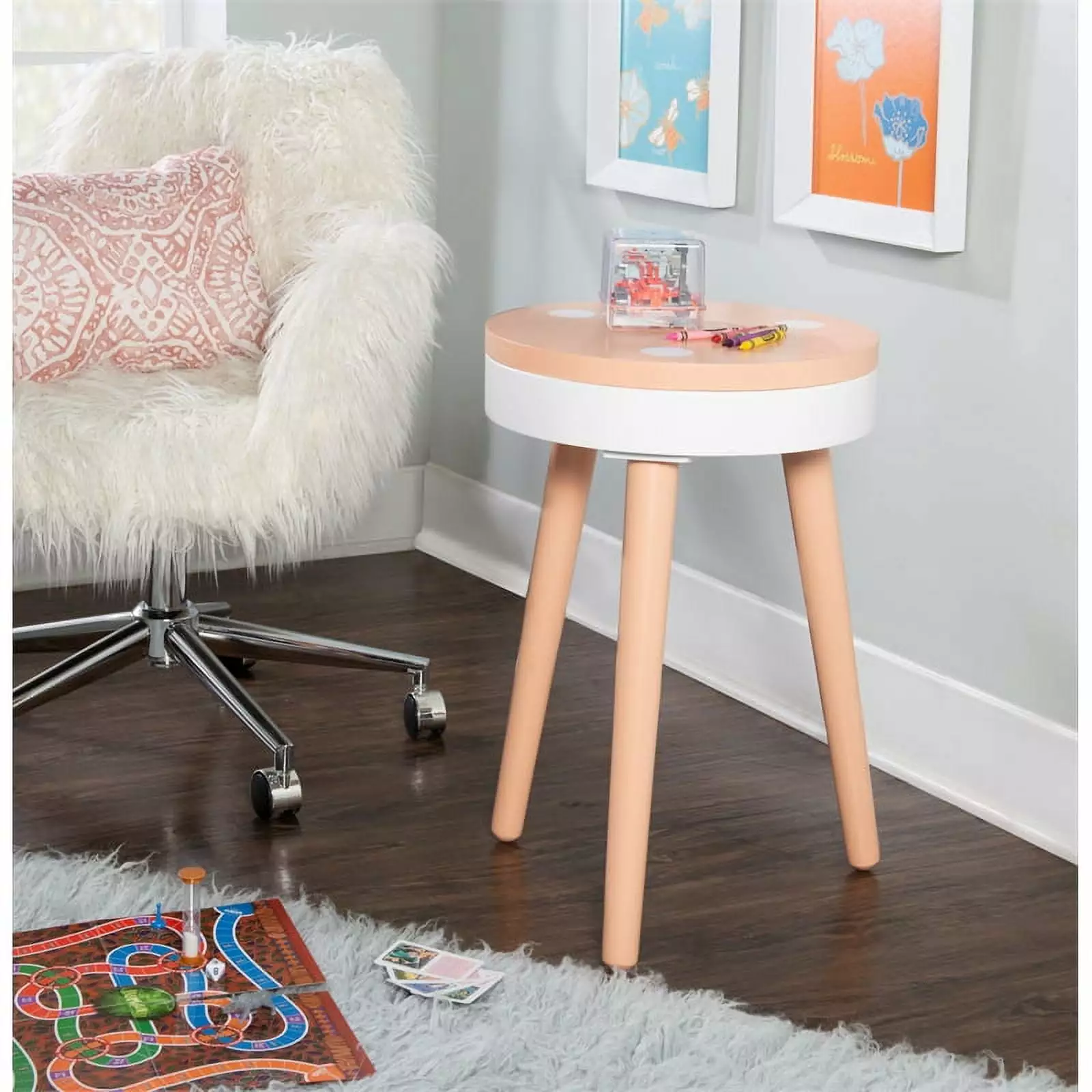 Powell Sherbert Kid's Indoor Accent Side Table with Storage. 23 Tall. White/Orange