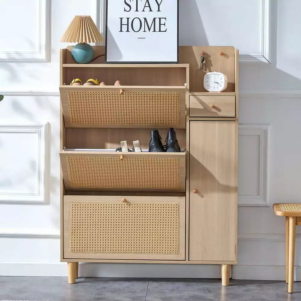 Rattan Shoe Cabinet. Shoe Storage Cabinets with 3 Rattan Decorated Flip Drawers. Freestanding 3 Tier Wood Shoe Racks Organizer. Applicable to dressing table in bedroom. porch. living room.