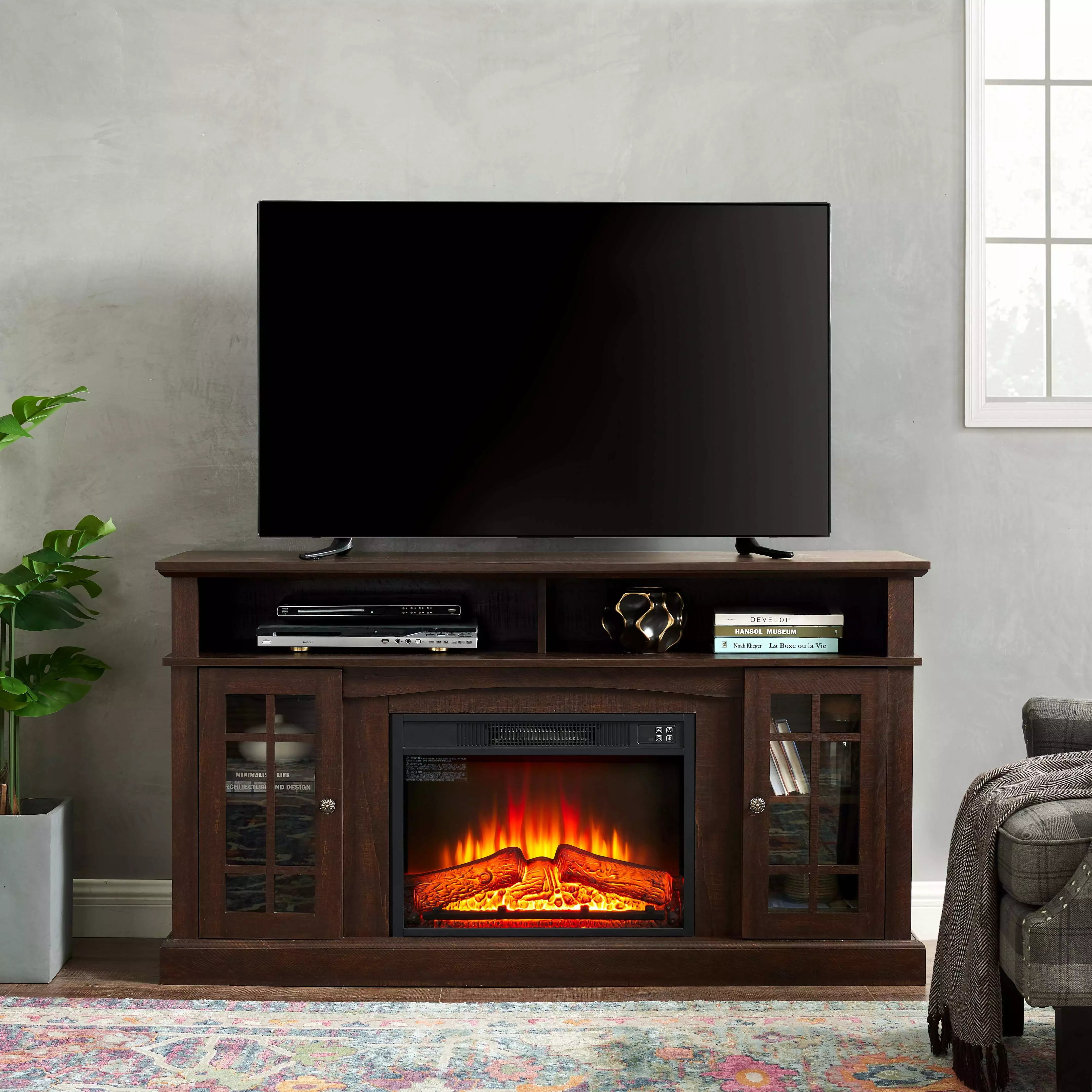 Retro Farmhouse TV Stand for TVs up to 65 inches. Without Fireplace. 58 inch. Wood Grain. D3181