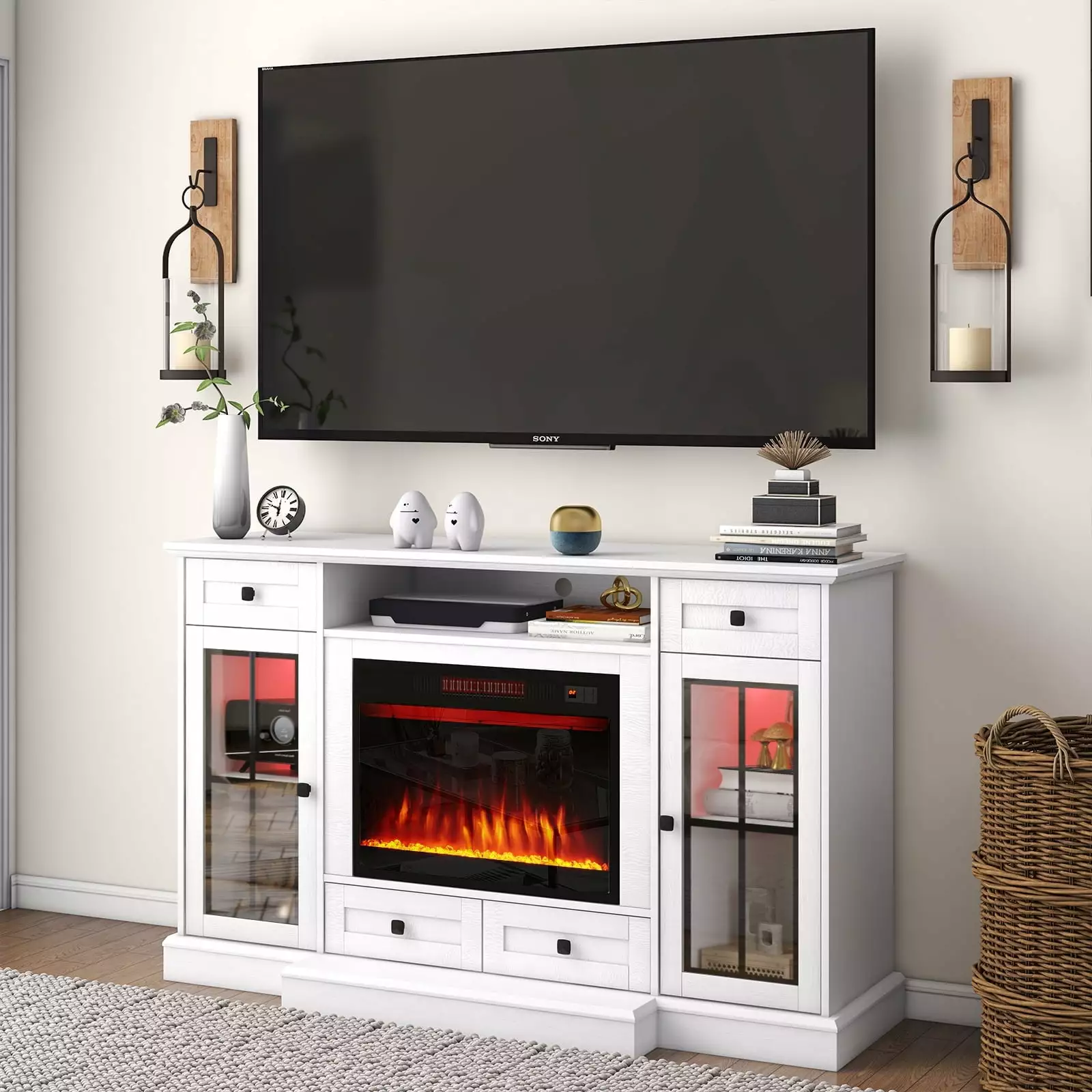 Sunmthink 58 Fireplace TV Stand for TVs up to 65 Inch. Entertainment Center with 23 Electric Fireplace. Glass Doors. Media Console Cabinet for Living Room. White