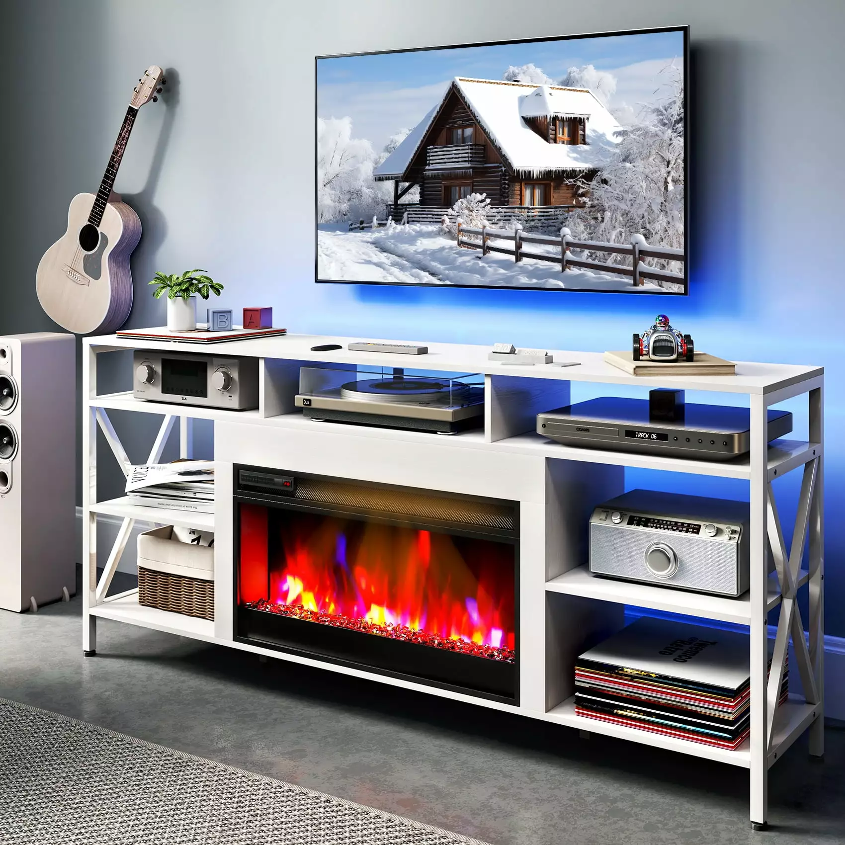 TC-HOMENY TV Stand with Electric Fireplace for TV Up to 70. Space Heater for Indoor Entertainment. Center Storage Cabinet and LED Strip Lights For Living Room. with Remote Control. White