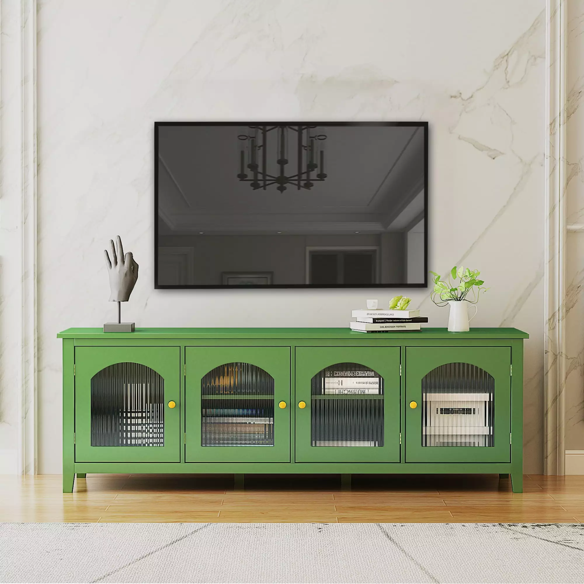 TV Media Console for 70 inch TVs. HSUNNS Modern Green TV Stand with Glass Door and Storage Cabinet. Entertainment Center for Living Room Bedroom. Size: 70.87(L) x 17.72(W) x 24.02(H)