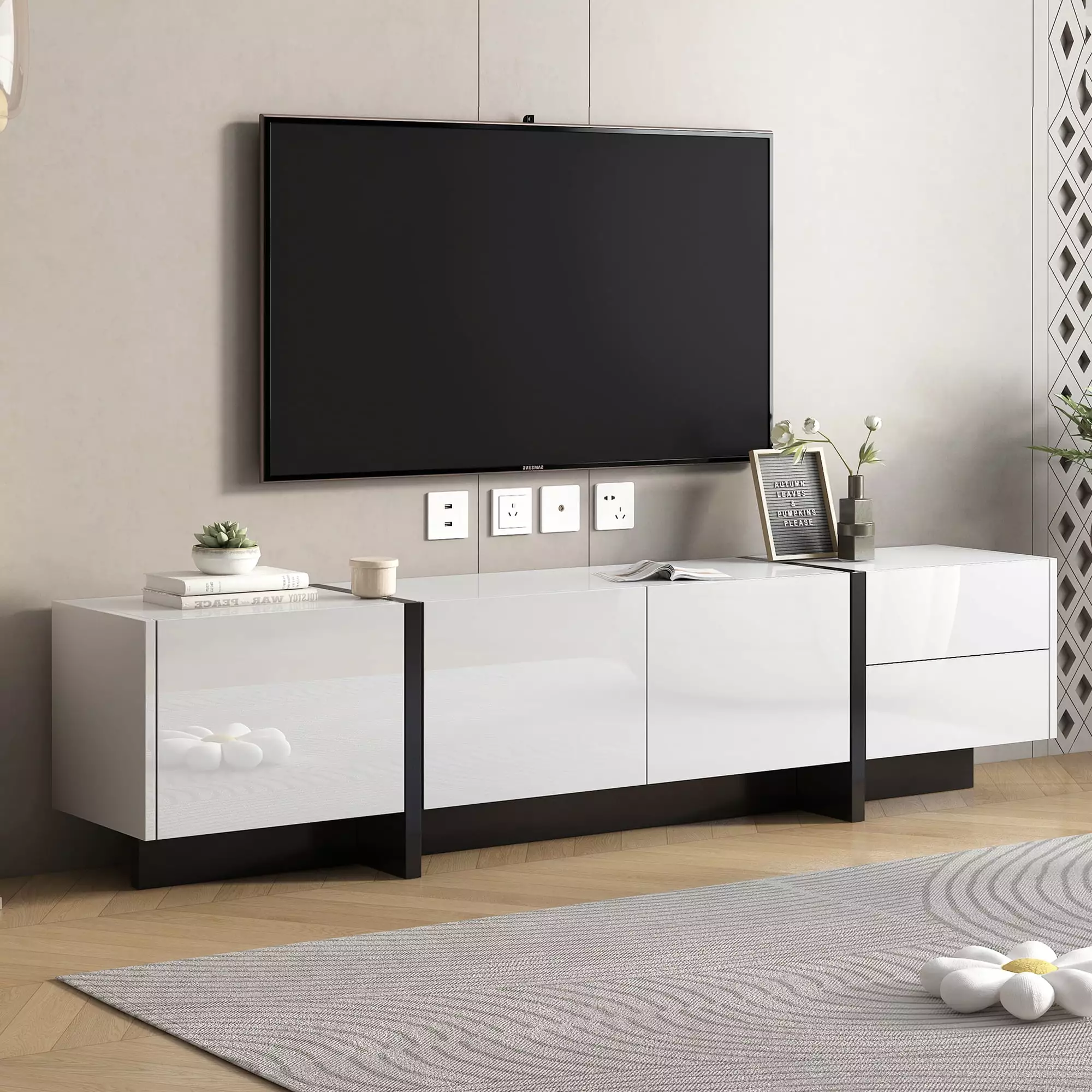 [VIDEO provided] ON-TREND White Black Contemporary Rectangle Design TV Stand. Unique Style TV Console Table for TVs Up to 80''. Modern TV Cabinet with High Gloss UV Surface for Living Room.