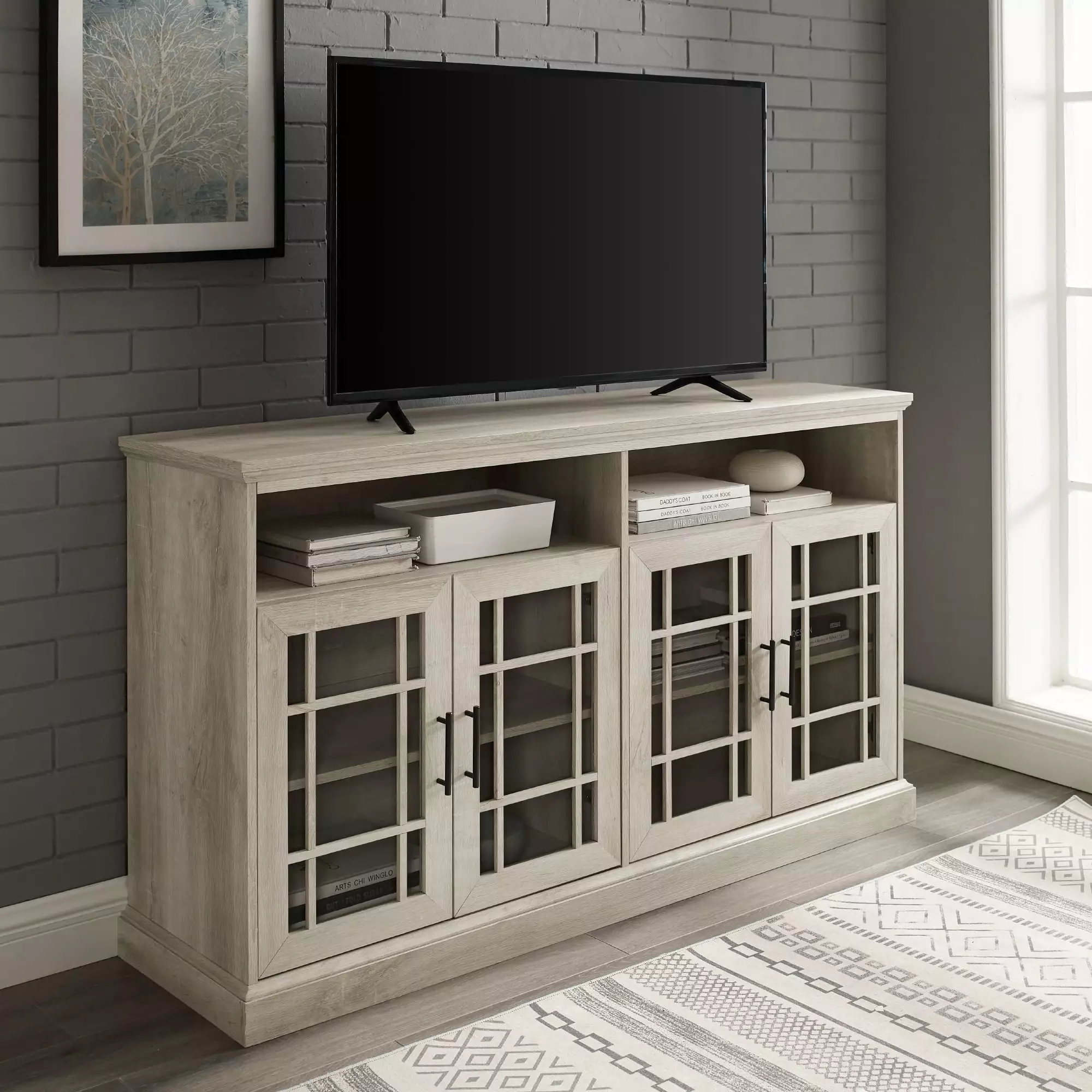 Walker Edison Classic Glass Door TV Stand for TVs up to 65. White Oak