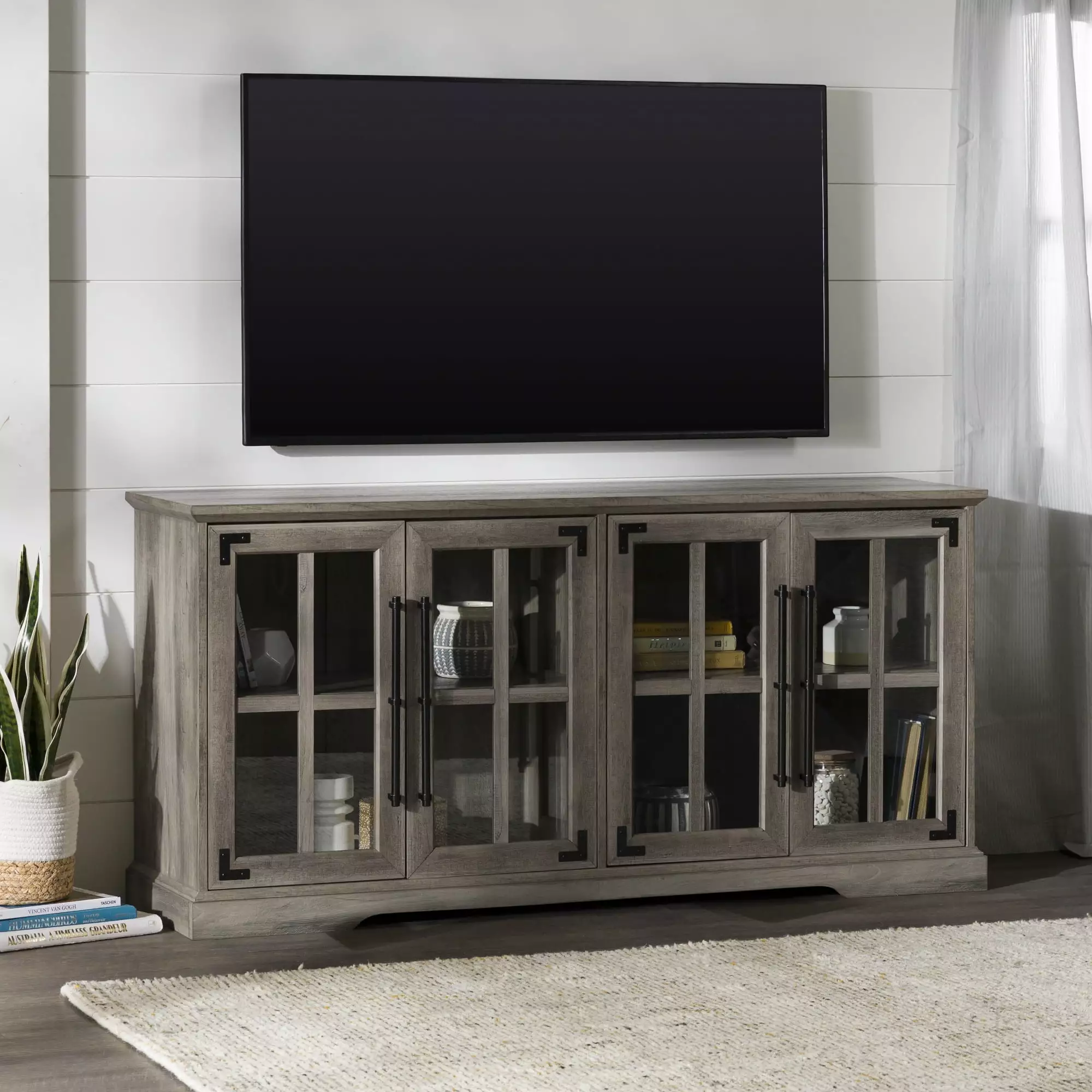 Walker Edison Farmhouse 4-Door TV Stand for TVs up to 65. Grey Wash