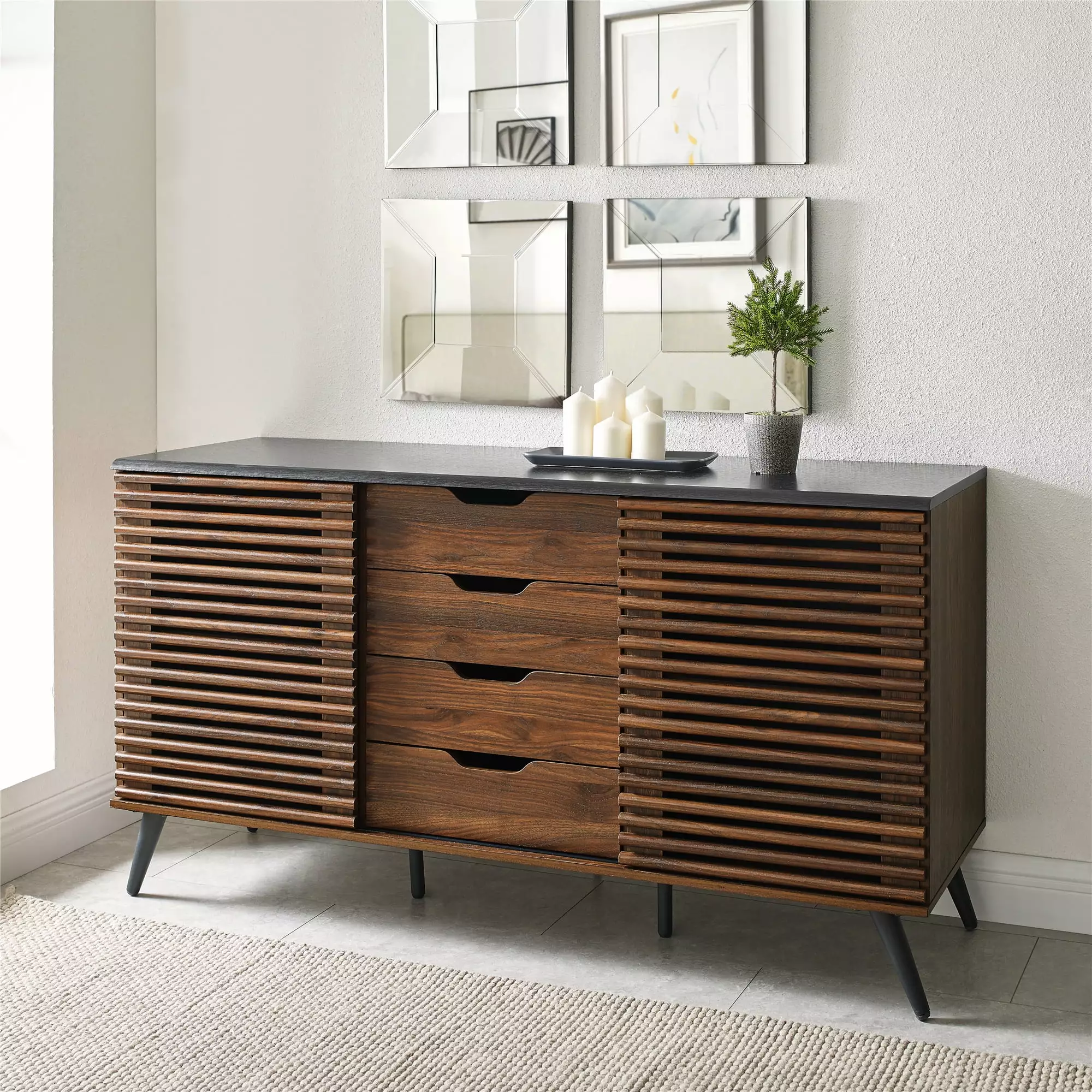 Walker Edison Modern Sliding Slat Door Sideboard. Ebony and Dark Walnut