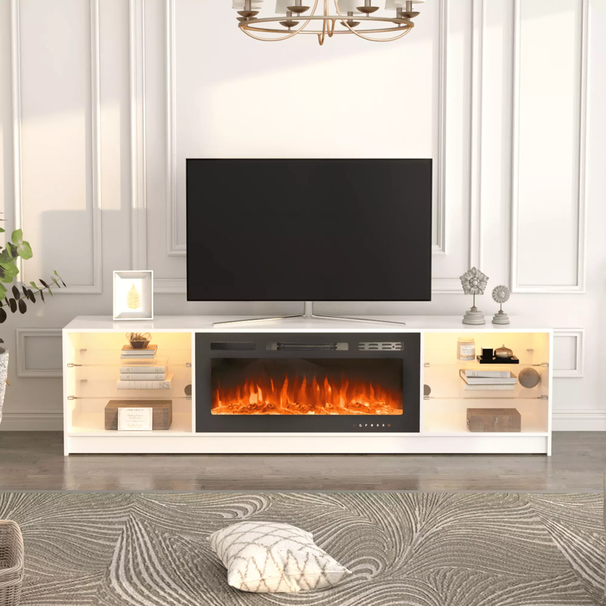 Yoleny Fireplace TV Stand with 40 Electric Fireplace. Entertainment Center with Adjustable Glass Shelves. TV Console for TVs up to 79. TV Table for Living Room/ Bedroom/Office. White