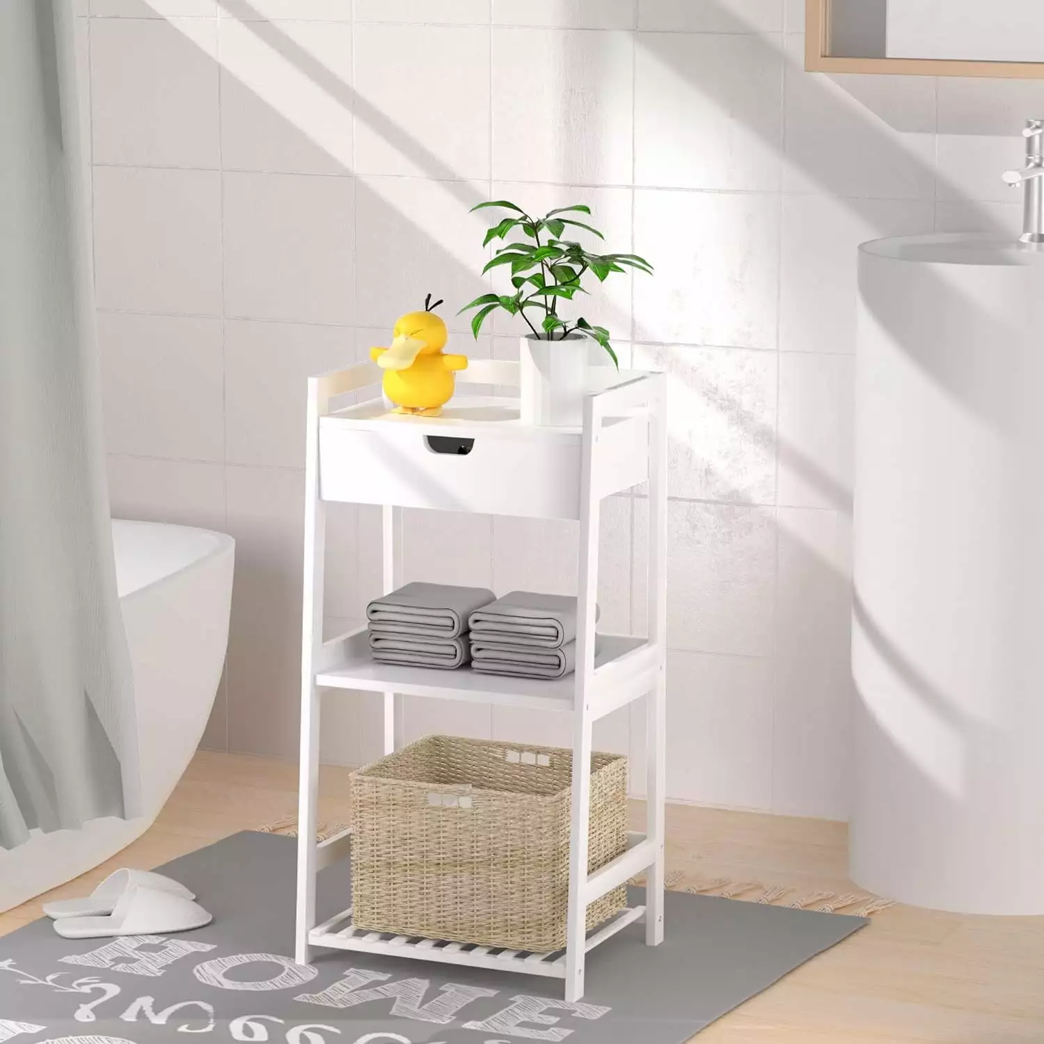 adreman 3-Tier Bathroom Ladder Shelf. Bathroom Floor Storage Shelf with Drawer. Freestanding Tower Shelf. Open Shelving Unit for Bathroom Living Room Balcony