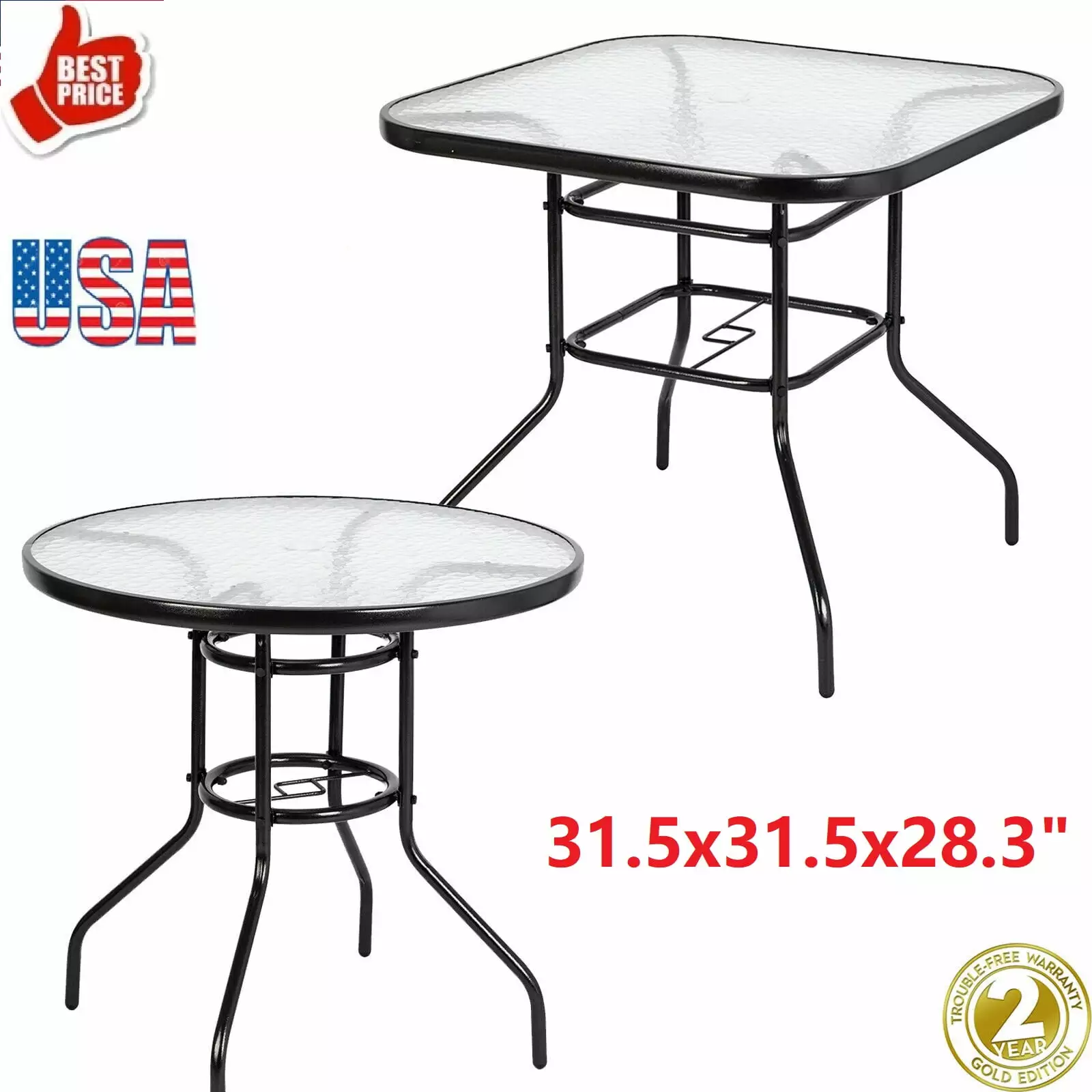 32 Patio Table Outdoor Garden Lawn Glass Top All Weather Dining Bistro Table(Black)